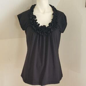 Chic Susie Rose Ruffled Neckline Black Cap Sleeve Blouse, Size L